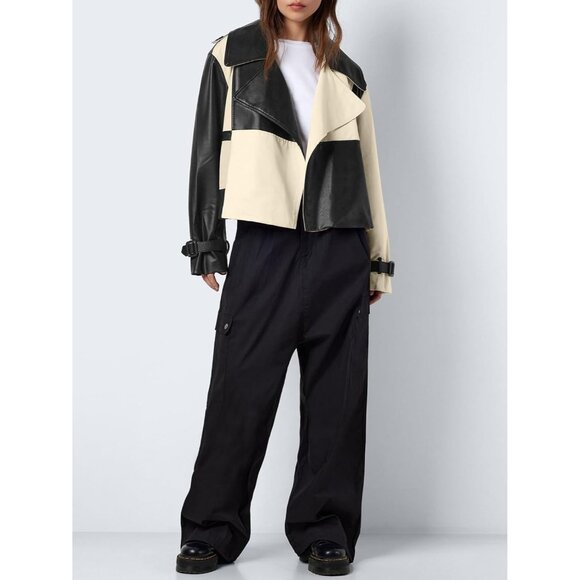 Womens Black Tankaneo Leather Cropped Jacket Oversized Color Block Motorcycle - Picture 4 of 6